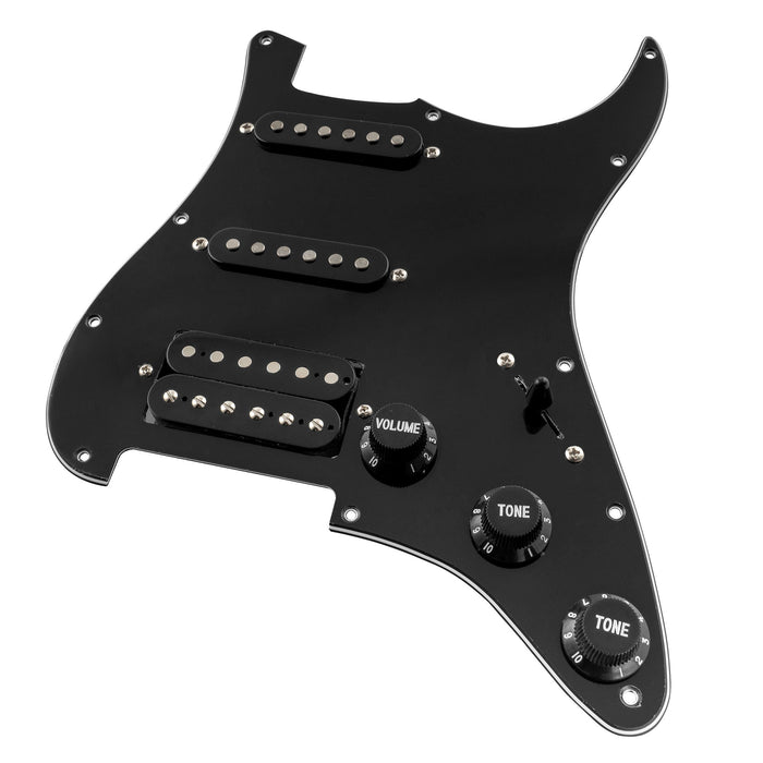 detail of musiclily basic pre wired loaded standard st hss pickguard with alnico 5 magnet pickups set for strat style electric guitar mx1330bk