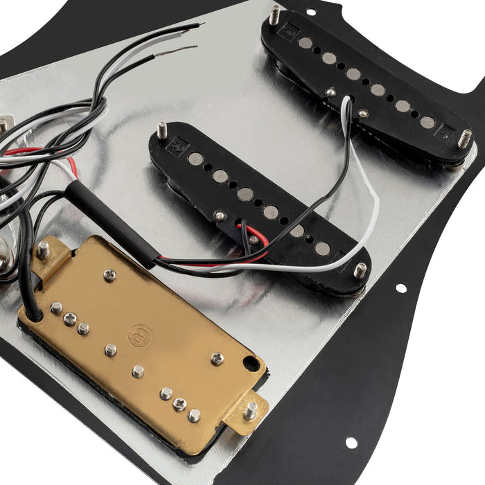 details of musiclily basic pre wired loaded standard st hss pickguard with alnico 5 magnet pickups set for strat style electric guitar mx1330bk