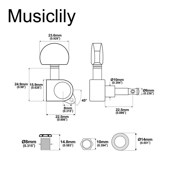 Dimensions of musiclily pro 3r3l 15 1 ratio full sealed machine heads tuners tuning pegs keys with half moon button 45 degree screw for acoustic electric guitar mx1343bk 3mx1344bk 3