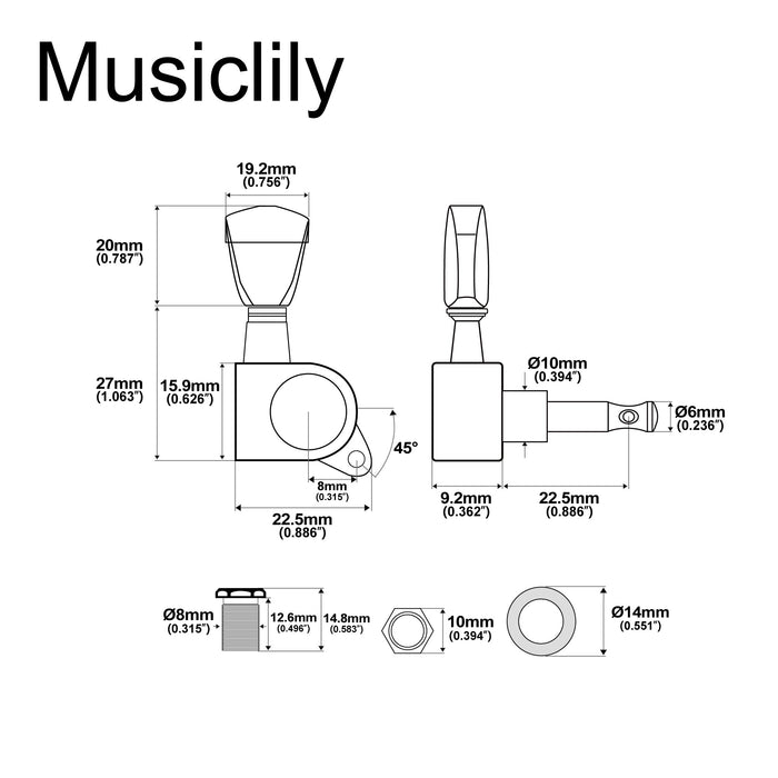Dimensions of musiclily pro 6 in line guitar sealed tuners tuning keys pegs machine heads set for fender strat tele style guitar keystone button mx1346bk 6