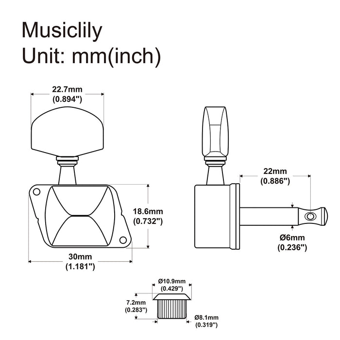 Dimensions of musiclily pro 3r3l 15 1 ratio semi closed machine heads tuners tuning pegs keys with big hex button for acoustic electric guitar mx1351 3mx1352 3p