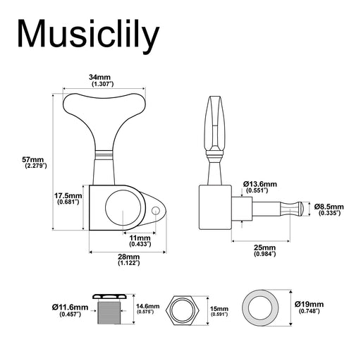 Dimensions of musiclily pro 2r2l 17 1 ratio full sealed bass tuners machine heads set for ibanez style electric bass tuning keys pegs mx1357 2mx1358 2p
