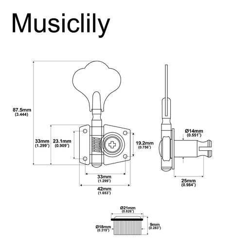 Dimensions of musiclily pro 4 in line open gear machine heads for precision jazz bass tuners electric bass tuning keys pegs mx1360 4p
