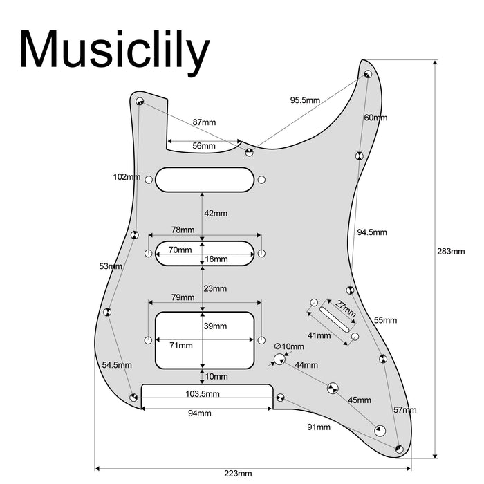 Dimensions of musiclily pro 11 hole modern style strat hss guitar pickguard for american mexican fender strat floyd rose bridge cut 3ply 4ply mx1380p