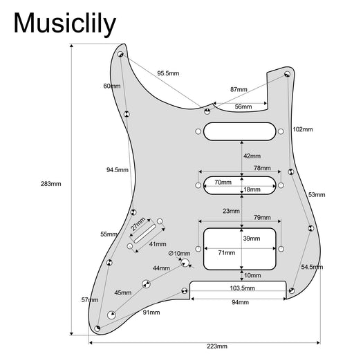 Dimensions of musiclily pro left handed 11 hole modern style strat hss guitar pickguard for american mexican stratocaster floyd rose bridge cut mx1381p