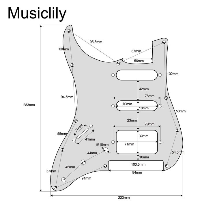 Dimensions of musiclily pro left handed 11 hole modern style strat hss guitar pickguard for american mexican stratocaster floyd rose bridge cut mx1381p