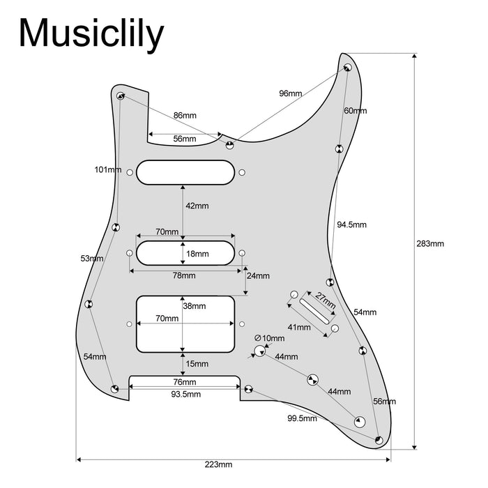 Dimensions of musiclily pro 11 hole modern style strat hss pickguard for american stratocaster guitar 3ply 4ply mx1382p