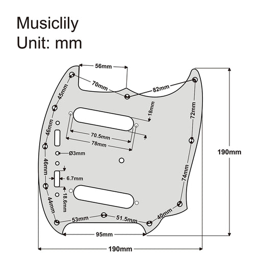 Dimensions of musiclily pro 12 hole guitar pickguard for fender american mustang 3ply 4ply mx1392p