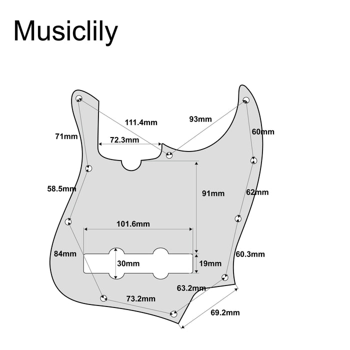 Dimensions of musiclily pro 5 string 10 hole contemporary j bass pickguard for fender american jazz bass 3ply 4ply mx1393p