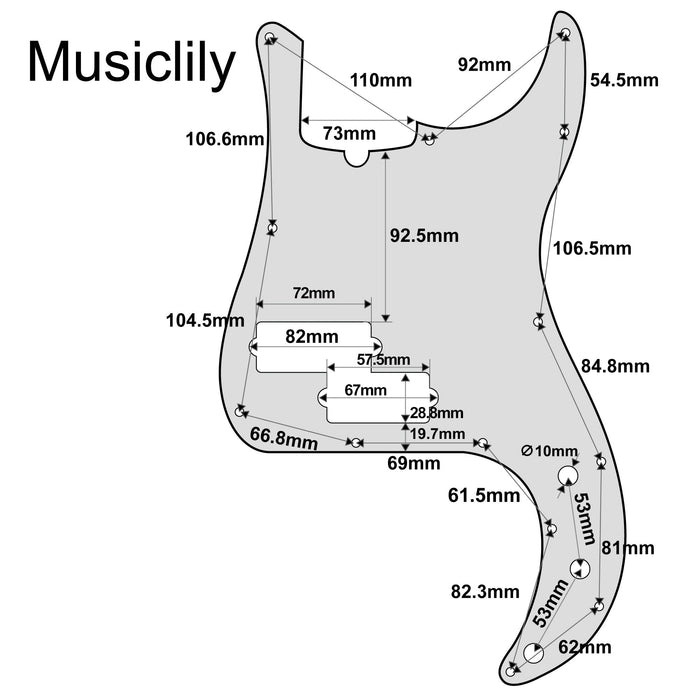 Dimensions of musiclily pro 5 string 13 hole contemporary p bass pickguard for fender american precision bass 3ply 4ply mx1395p