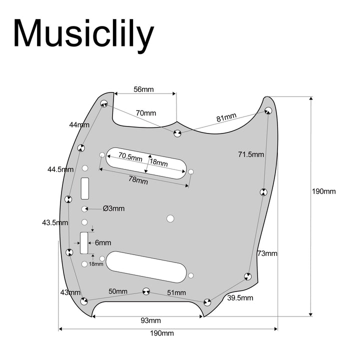 Dimensions of musiclily pro 12 hole guitar pickguard for mij fender japan mustang 3ply 4ply mx1403p