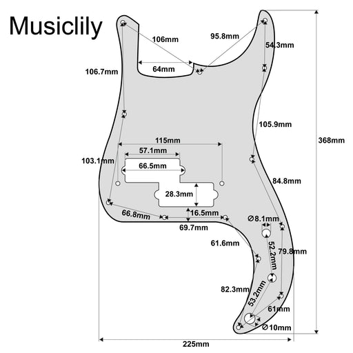 Dimensions of musiclily pro 13 hole p bass pickguard for mij fender japan 4 string precision bass 3ply 4ply mx1407p