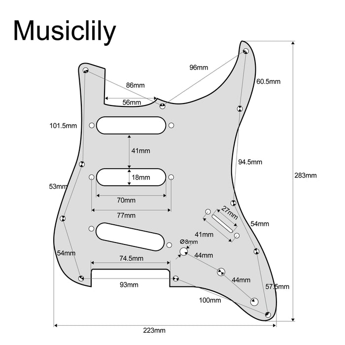 Dimensions of musiclily pro 11 hole 72 or 64 strat sss guitar pickguard for mij japan stratocaster 3ply 4ply mx1409p