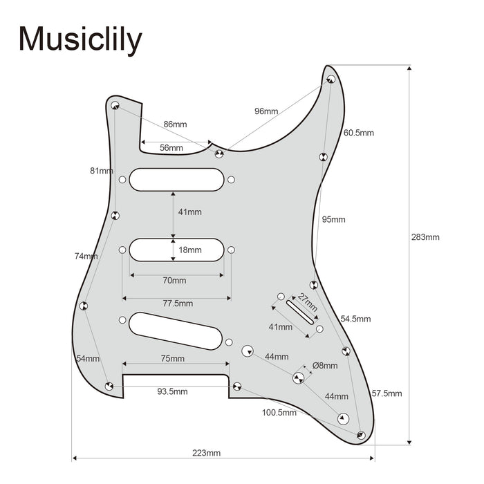 Dimensions of musiclily pro 11 hole 62 strat sss guitar pickguard for mij japan stratocaster 3ply 4ply mx1412p