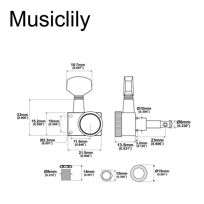 Dimensions of musiclily pro 6 in line 2 pins guitar locking tuners machine heads tuning pegs keys set for fender strat tele style guitar mx1510 6p