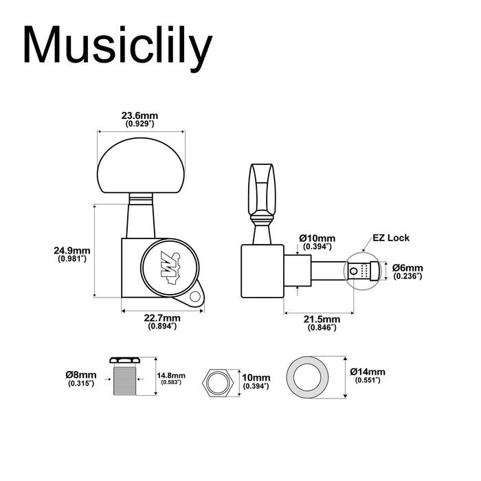 Dimensions of wilkinson 3r3l 19 1 ratio e z lok full sealed machine heads tuners tuning pegs keys with half moon button 45 degree screw for acoustic electric guitar mx1511 3mx1512 3p