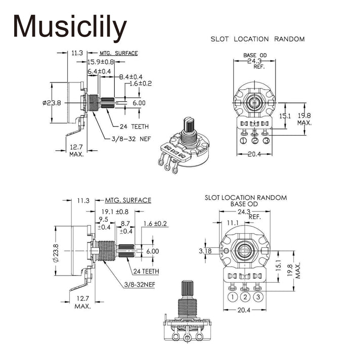 Dimensions of cts 450 a250k a500kx2 st hss guitar pots short split shaft 1 4 inch and standard split shaft 3 8 inch 10 audio taper potentiometers mx1515mx1517 2p