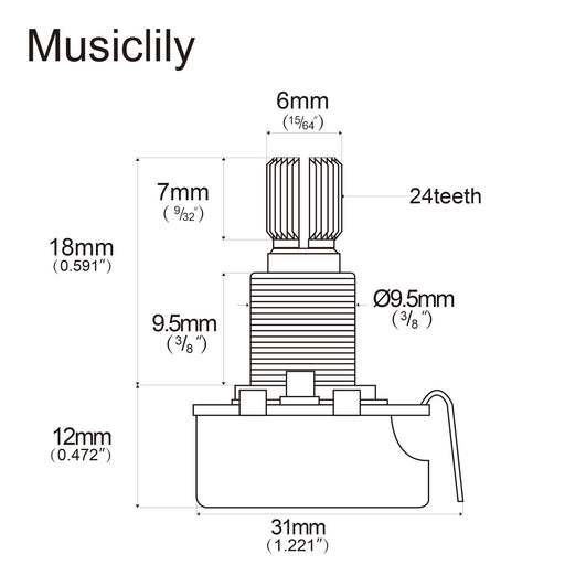 Dimensions of cts 450 b500k pot standard split shaft 3 8 inch 10 linear taper potentiometer for electric guitar bass mx1518