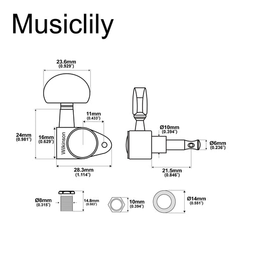 Dimensions of wilkinson 3r3l 19 1 ratio full sealed machine heads tuners tuning pegs keys with half moon button right angle screw for acoustic electric guitar mx1542p