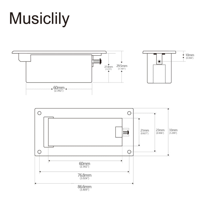 Dimensions of musiclily pro 9 volt battery box case compartment for active guitar bass mx1582p