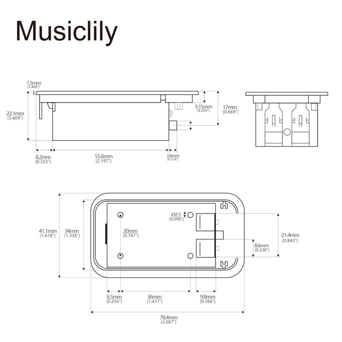 Dimensions of musiclily pro 9 volt battery box case holder compartment for active guitar bass mx1582p