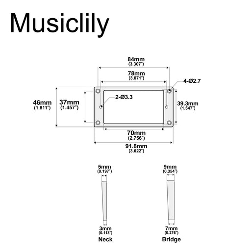 Dimensions of musiclily pro plastic flat bottom humbucker pickup mounting rings set for electric guitar mx1588mx1589p