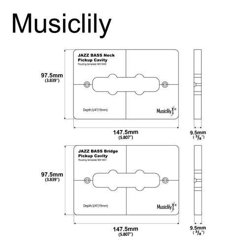 Dimensions of musiclily pro cnc accurate acrylic pickup routing templates set for standard jazz bass neck and bridge pickup mx1600mx1601
