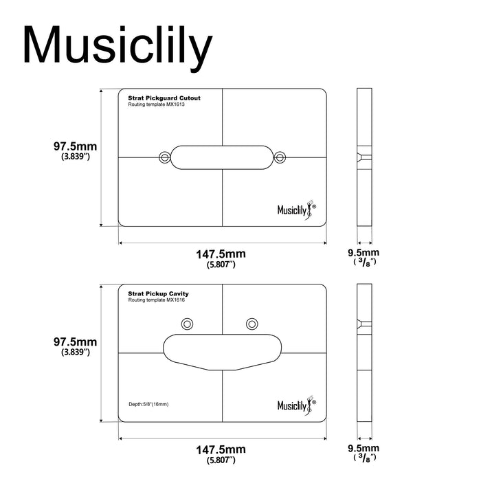 Dimensions of musiclily pro cnc accurate acrylic single coil pickup routing templates set for standard strat guitar body and pickguard mx1613mx1616