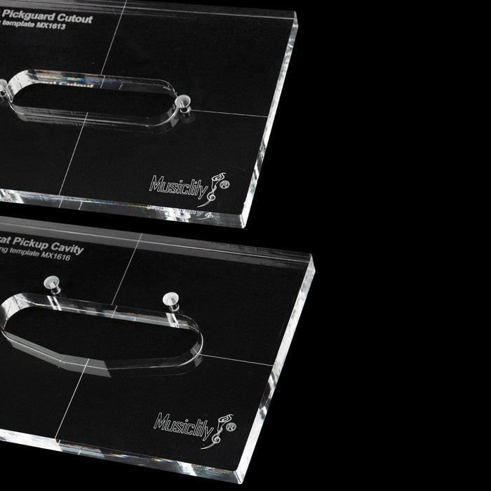 detail of musiclily pro cnc accurate acrylic single coil pickup routing templates set for standard strat guitar body and pickguard mx1613mx1616