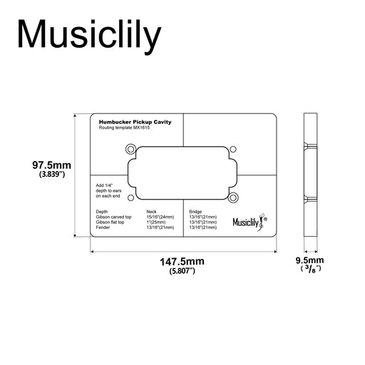 Dimensions of musiclily pro cnc accurate acrylic humbucker pickup routing template for electric guitar body mx1615