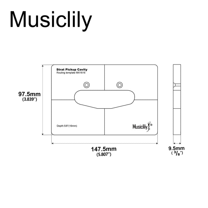Dimensions of musiclily pro cnc accurate acrylic single coil pickup routing template for standard strat guitar body mx1616