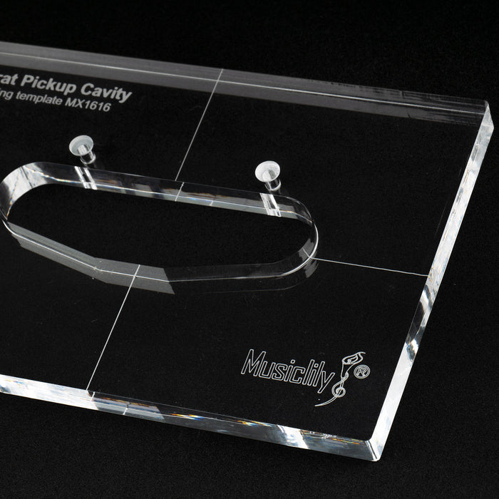 detail of musiclily pro cnc accurate acrylic single coil pickup routing template for standard strat guitar body mx1616