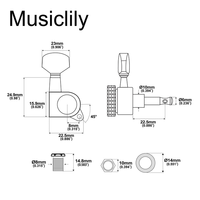 Dimensions of musiclily pro 3r3l 15 1 ratio full sealed locking machine heads tuners tuning pegs keys with big hex button 45 degree screw for acoustic electric guitar mx1630 3mx1631 3p