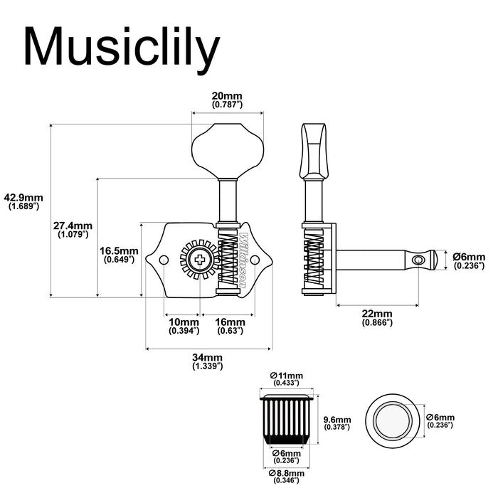 Clavijas de afinación Wilkinson 3R3L con engranajes abiertos, relación 19:1, con botón Butterbean para guitarra electroacústica.