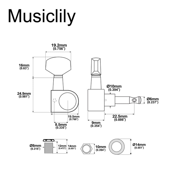 Musiclily Pro R15J 6インライン 15:1比率 2ピン完全密封ペグ チューナー ヘッド キー 六角ボタン付き SQ Strat/Teleスタイル用エレキギター用