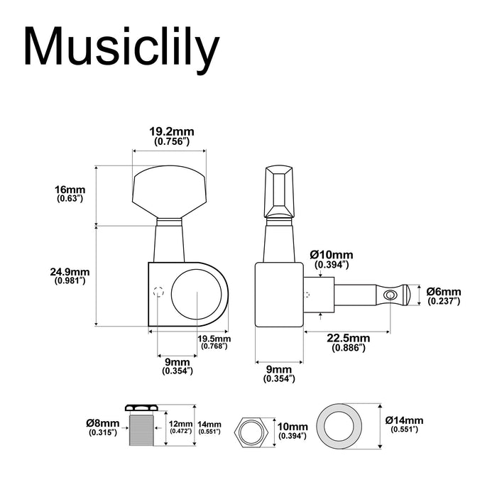 Dimensions of musiclily pro 6 in line 15 1 ratio 1 pin full sealed machine heads tuners tuning pegs keys with hex button for sq strat tele style electric guitar mx1664 6p