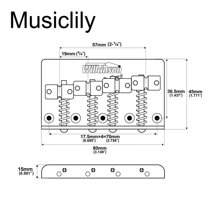 Dimensions of wilkinson wbbc bass bridge brass saddles for 4 string precision bass jazz bass mx1706p