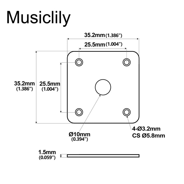 Dimensions of musiclily pro steel flat bottom square jack plate for epiphone usa les paul style electric guitar mx1708p