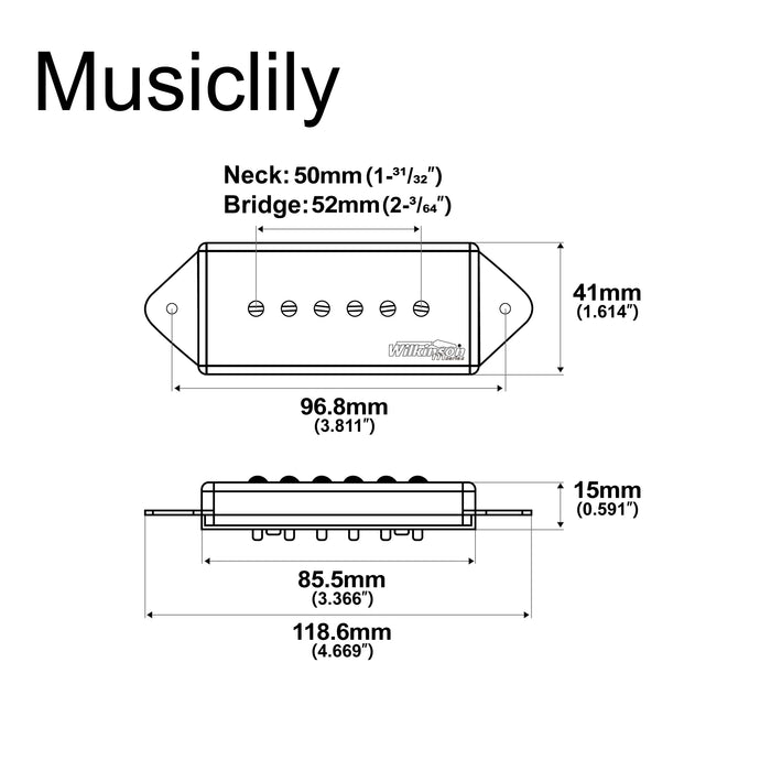 Dimensions of wilkinson m series low gauss iconic sound ceramic p90 dogear style single coil pickups set for sg lp style electric guitar mx1763bkmx1764bk