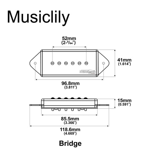 Dimensions of wilkinson m series low gauss iconic sound ceramic p90 dogear style single coil bridge pickup for sg lp style electric guitar mx1764bk
