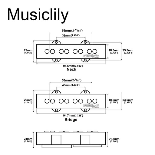 Dimensions of wilkinson m series variable gauss ceramic traditional jazz bass pickups set for jb style electric bass mx1773mx1774