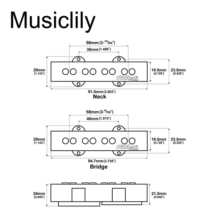 Dimensions of wilkinson m series variable gauss ceramic traditional jazz bass pickups set for jb style electric bass mx1773mx1774