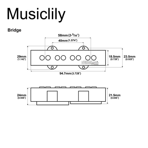Dimensions of wilkinson m series variable gauss ceramic traditional jazz bass bridge pickup for jb style electric bass mx1774