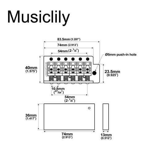 Dimensions of wilkinson m series 54mm2 1 8 inch string spacing 6 screw vintage bent saddle guitar tremolo bridge with push in arm 36mm block for strat style electric guitar mx1792p