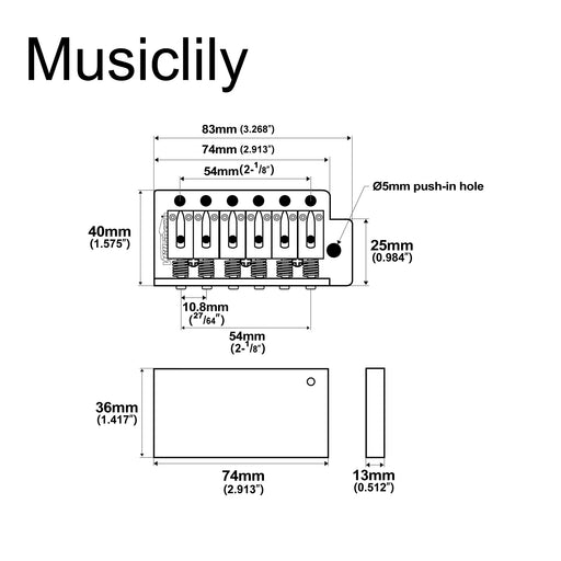 Dimensions of wilkinson m series 54mm2 1 8 inch string spacing 6 screw modern style saddle guitar tremolo bridge with push in arm 36mm block for strat style electric guitar mx1793p