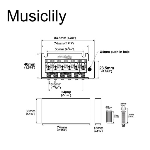 Dimensions of wilkinson m series 54mm2 1 8 inch vintage style full block pop in arm 2 point st guitar tremolo bridge for mij mik strat style electric guitar mx1794p