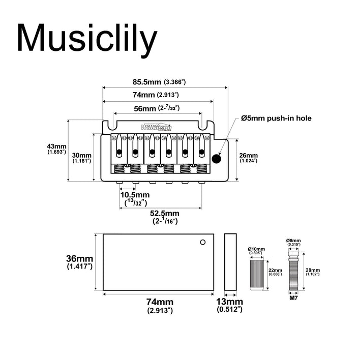 Puente de trémolo para guitarra Wilkinson Serie M de 52,5 mm (2-1/16 pulgadas) de bloque completo ST, brazo de inserción de 2 puntos para guitarra eléctrica estilo Fender Strat estándar americano o profesional