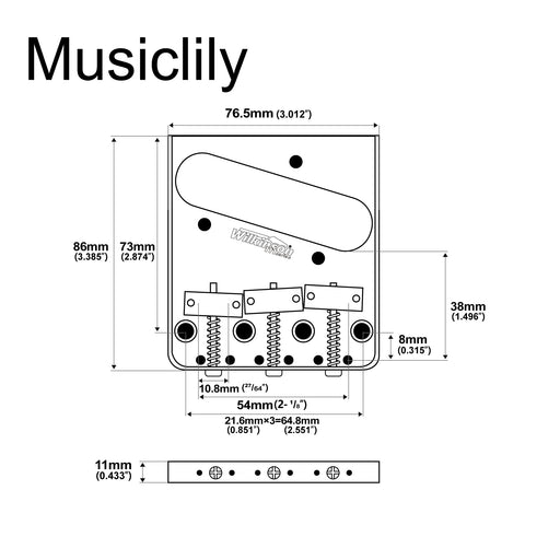 Dimensions of wilkinson m series 54mm2 1 8 inch vintage ashtray style bridge with 3 brass barrel saddles for tele style electric guitar