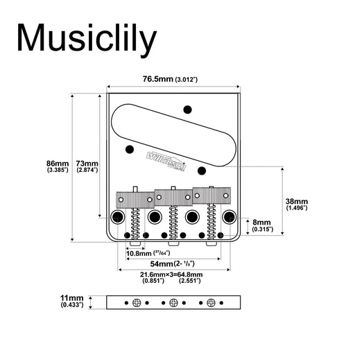 Dimensions of wilkinson m series 54mm2 1 8 inch threaded ashtray style bridge 3 saddles for tele style guitar mx1812p