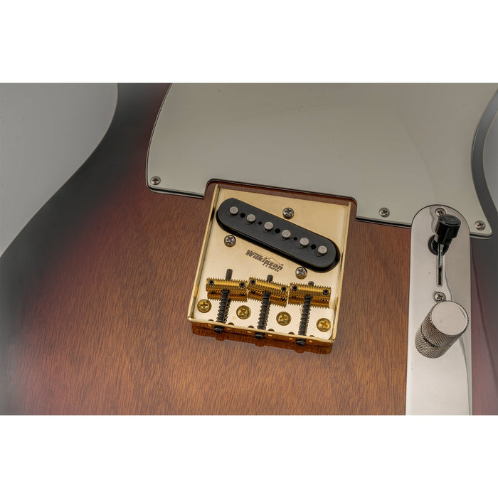 wilkinson m series 54mm2 1 8 inch threaded ashtray style bridge 3 saddles for tele style guitar mx1812p, gold